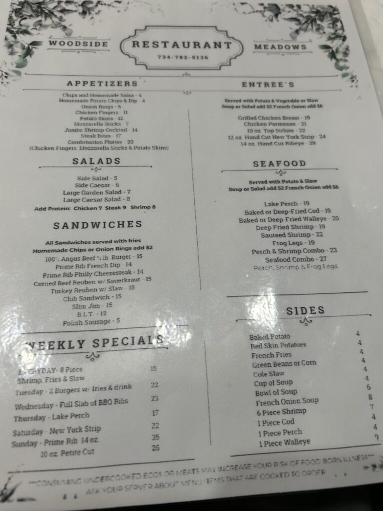 Woodside Meadows Menu 1